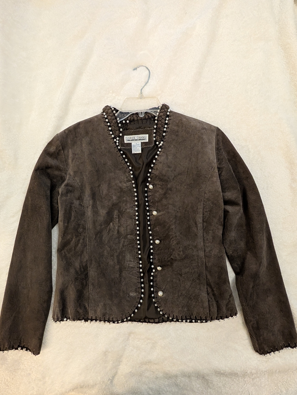 Sophie Chang Vintage 100% Suede Leather Pearl Embellished Jacket Boho Chic 8